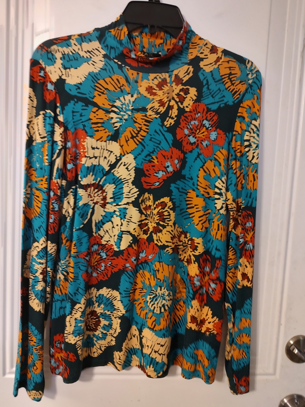 Floral Long-Sleeve Mock Neck Dress Top - Teal Multi